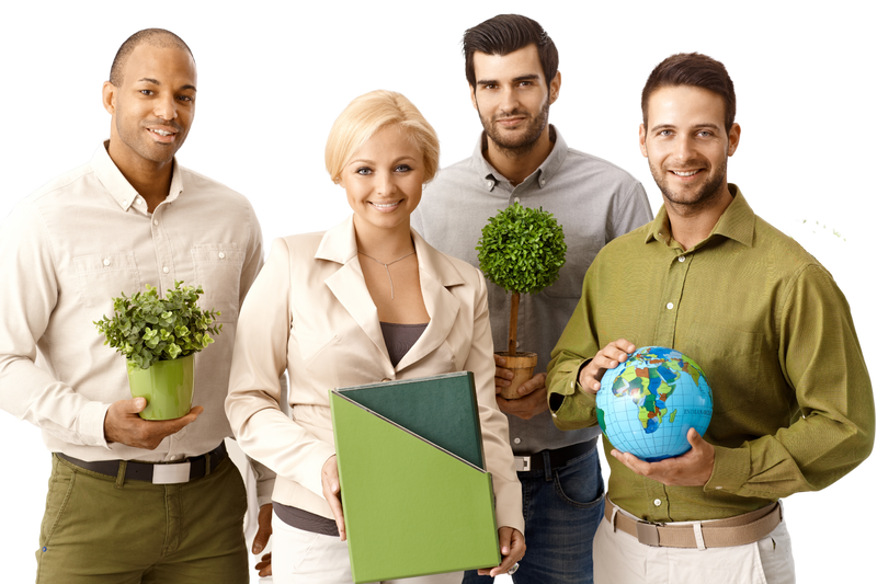 Visual for the Green Committee Toolkit. Depicts a group in business-casual attire holding green objects like plants and a globe.